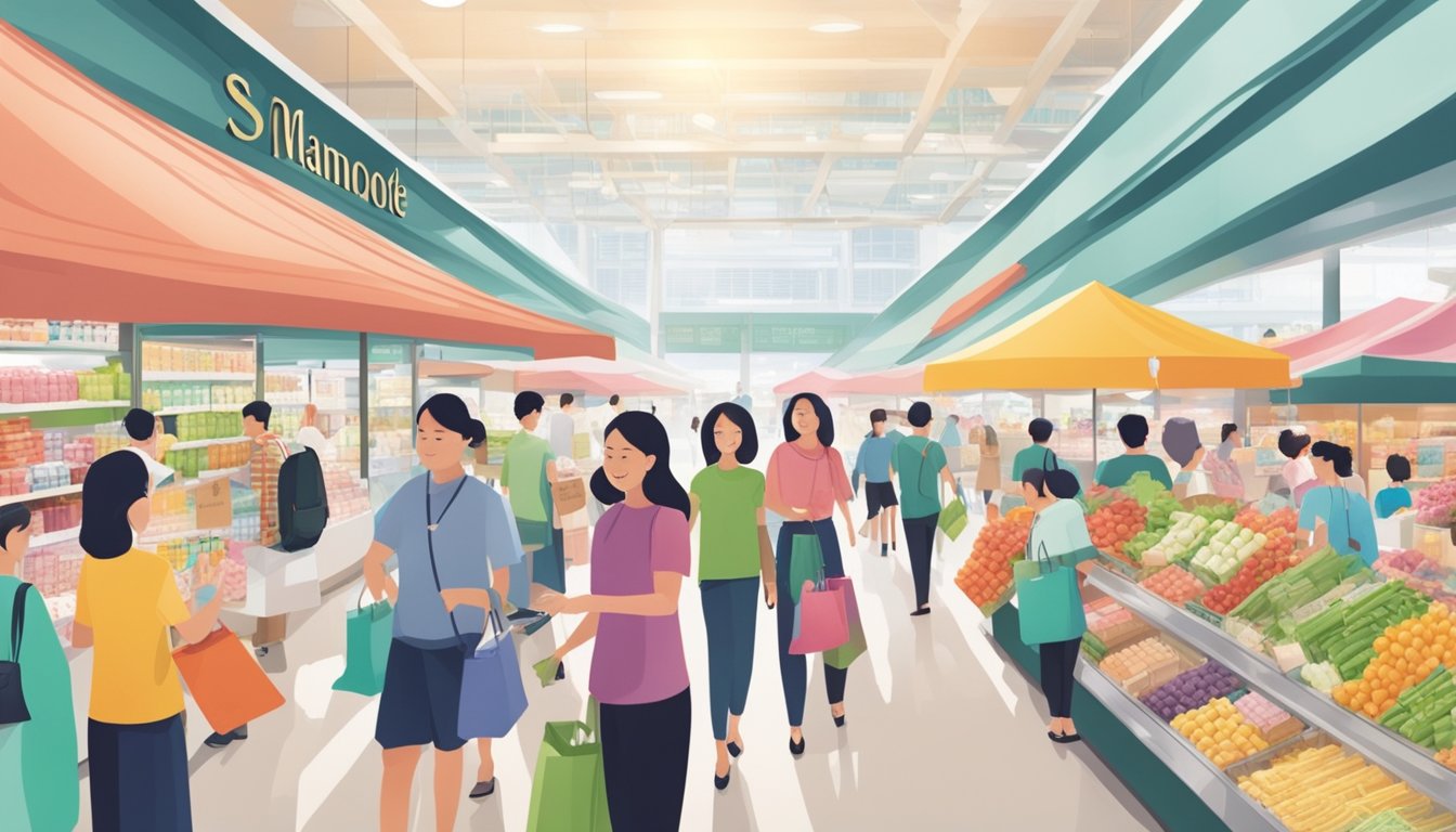 A bustling Singaporean market with a prominent Mamonde display, surrounded by curious shoppers and a helpful salesperson