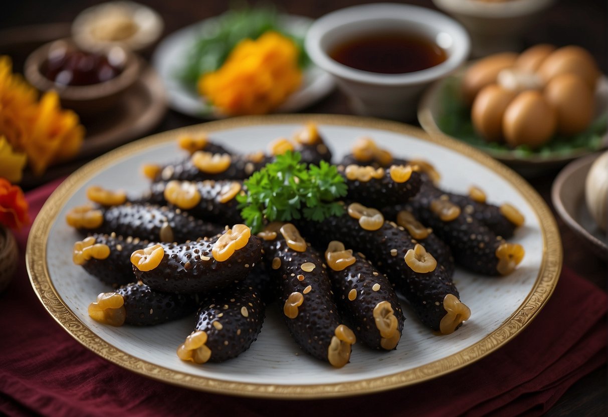 Sea cucumbers cleaned, sliced, and marinated in soy sauce, ginger, and garlic. Ingredients laid out on a traditional Chinese New Year table