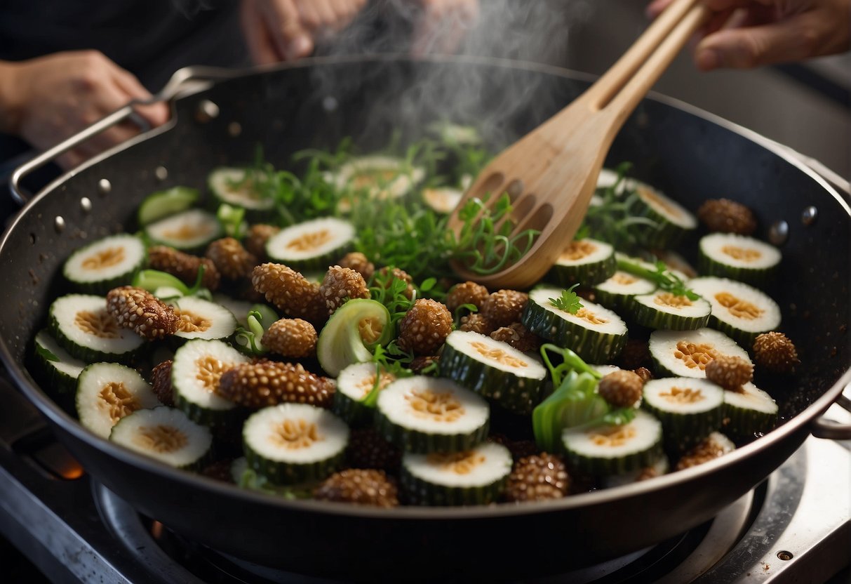 Sea cucumbers being prepared with ginger, garlic, and scallions in a wok. Aromatic steam rises as the ingredients sizzle, creating a delicious aroma