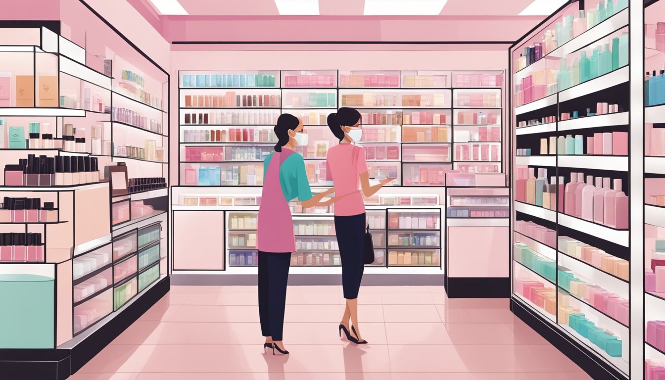 A brightly lit Mary Kay store in Singapore, with shelves neatly stocked with a variety of skincare and beauty products. A friendly salesperson assists a customer in choosing the perfect products