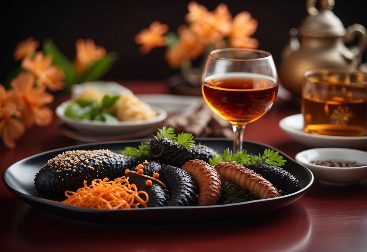 A table set with Chinese New Year decorations and a platter of beautifully arranged sea cucumber dishes, accompanied by traditional Chinese wine and tea