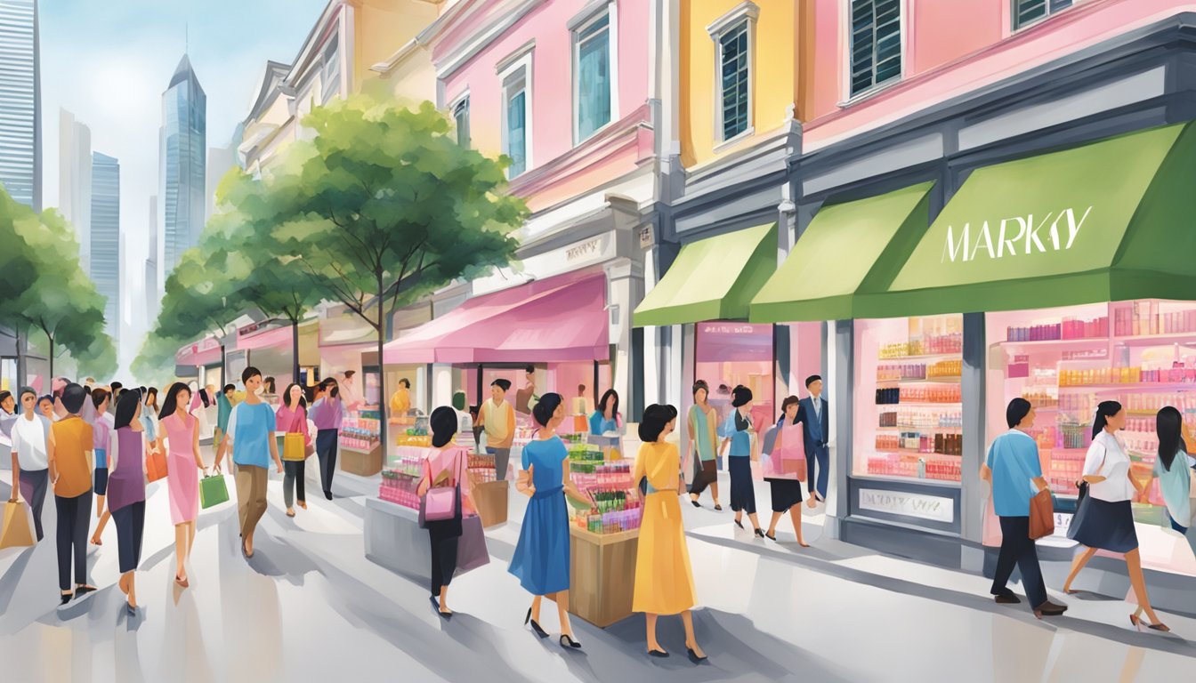 A bustling street in Singapore showcases Mary Kay Beauty Consultants, with vibrant displays of products and eager customers seeking to buy Mary Kay products