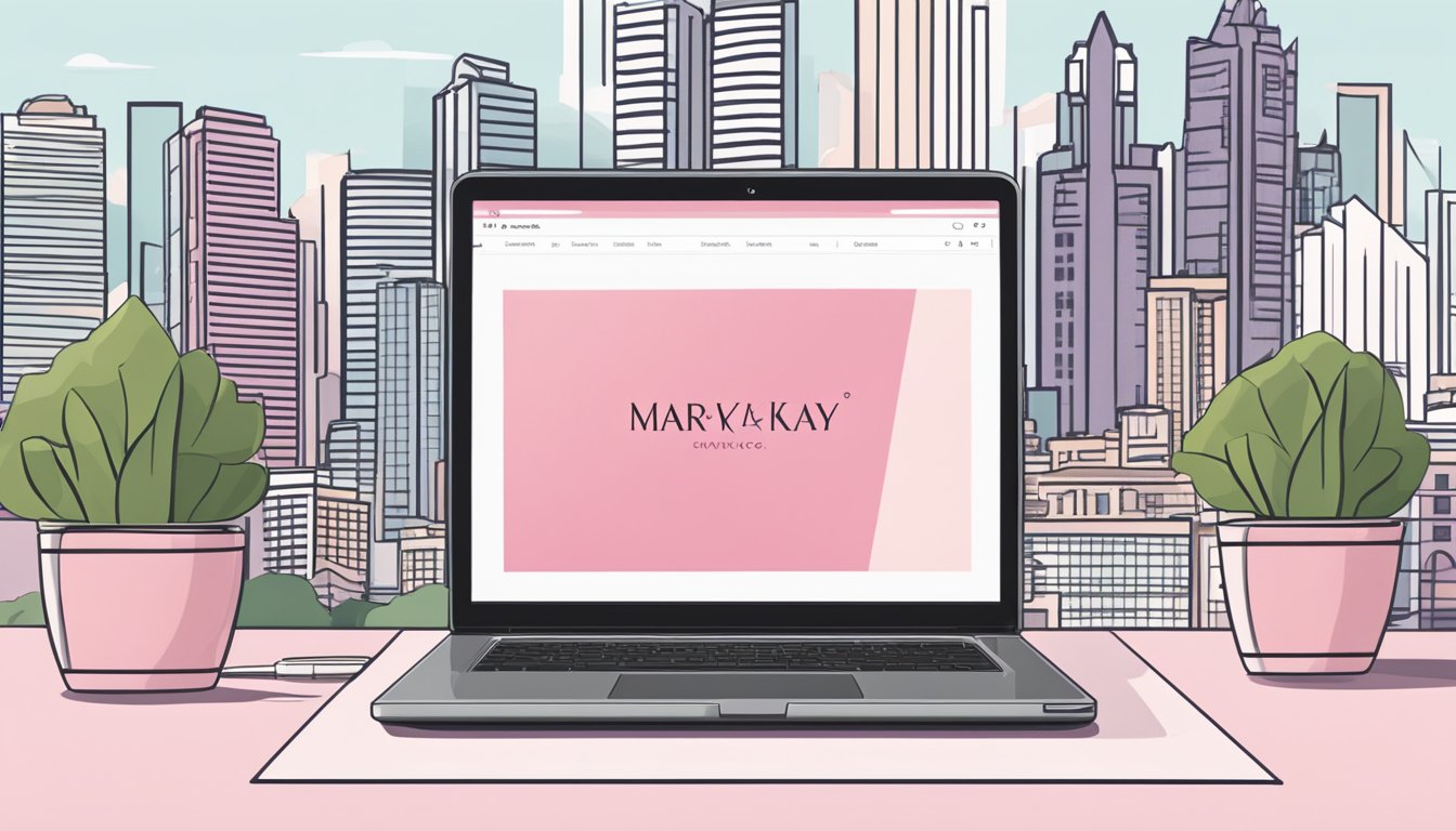 A laptop displaying Mary Kay products on a website, with a Singaporean skyline in the background