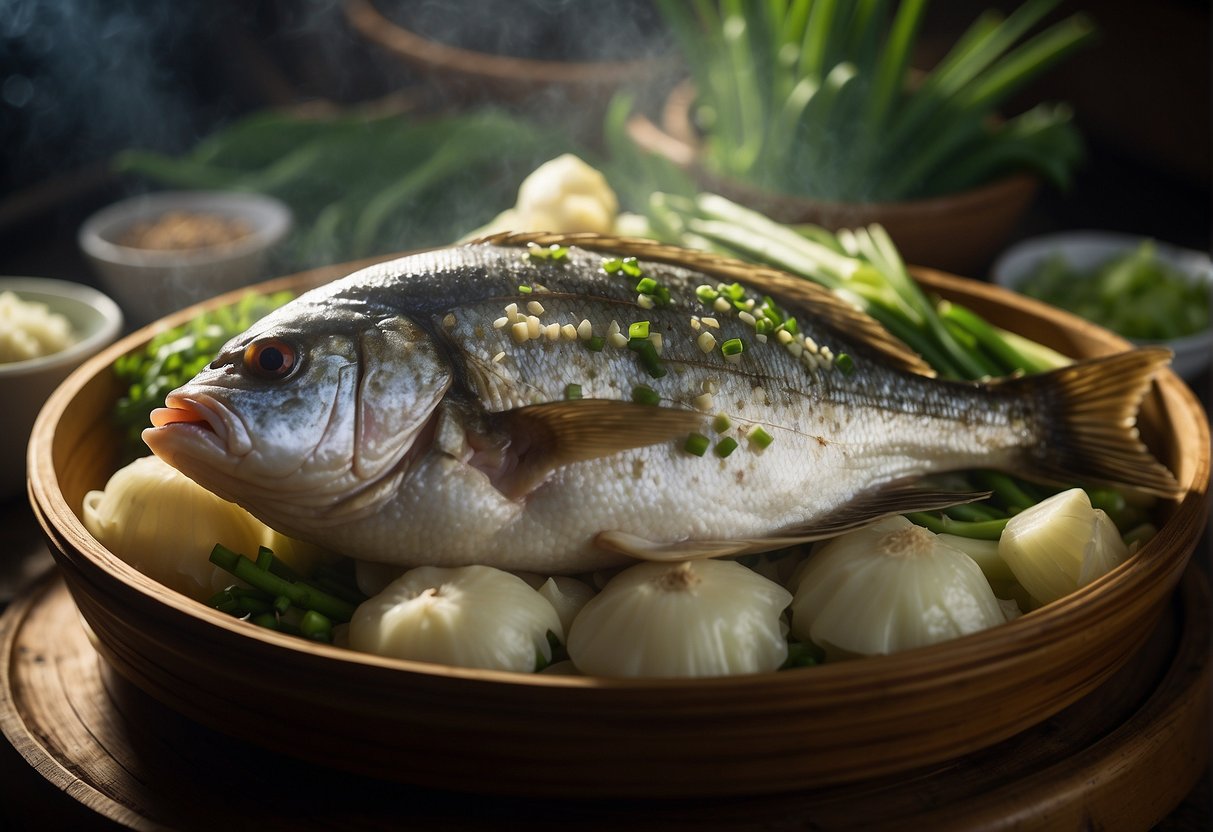 A whole sea bream surrounded by ginger, garlic, and green onions, steaming in a bamboo steamer over a bed of cabbage