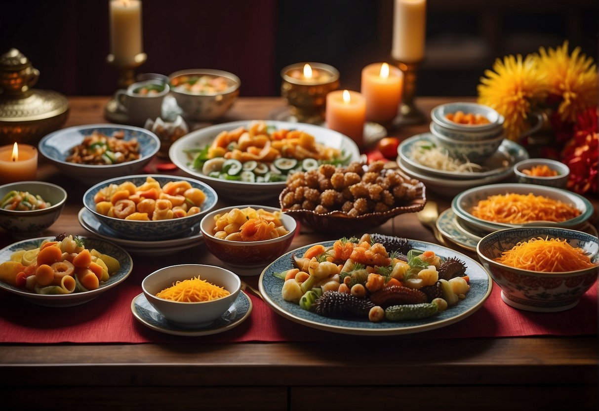 A table set with a colorful array of sea cucumber dishes, surrounded by festive Chinese New Year decorations and symbols of prosperity