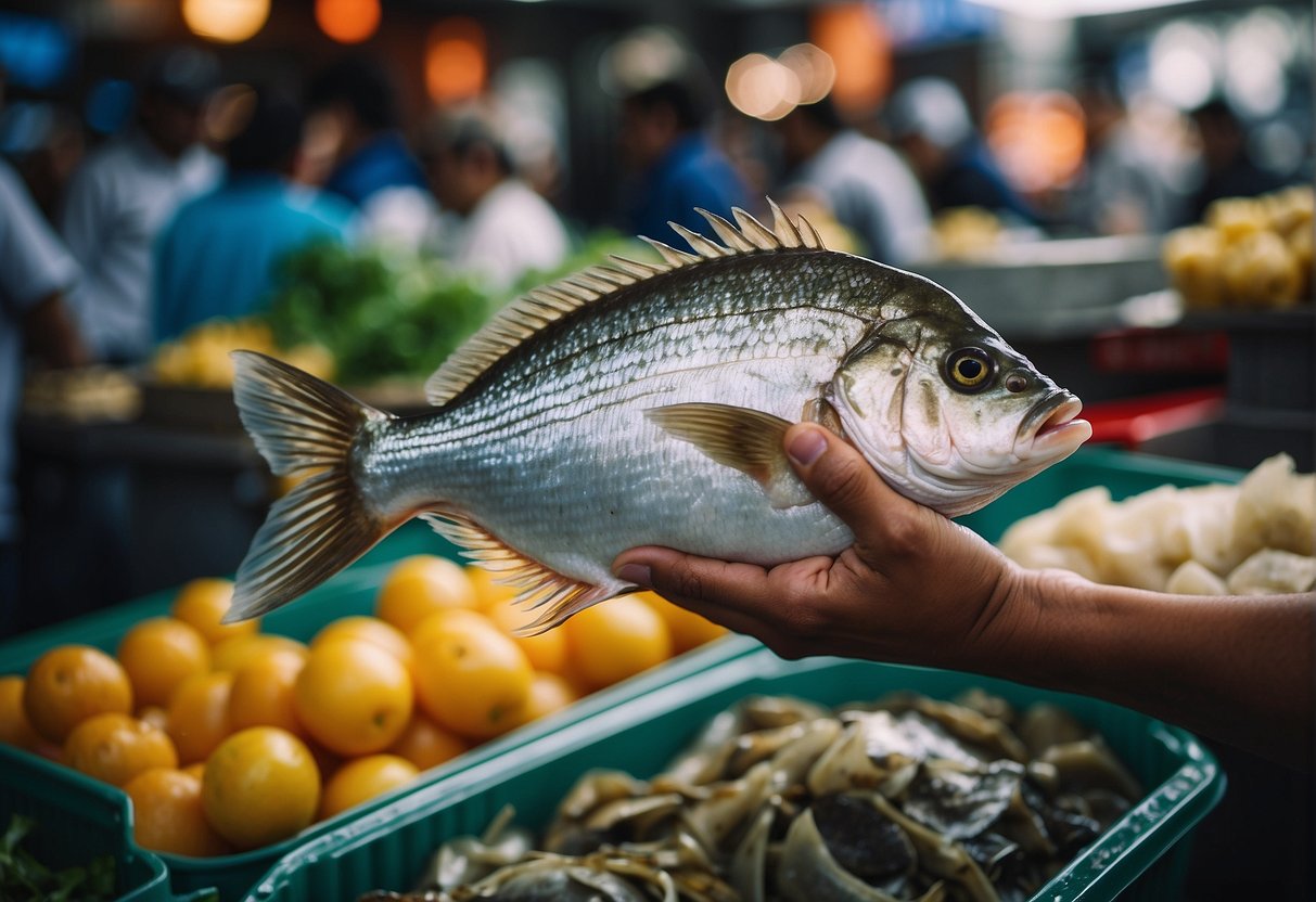 A hand reaches for a fresh sea bream at a bustling fish market, surrounded by vibrant colors and bustling activity