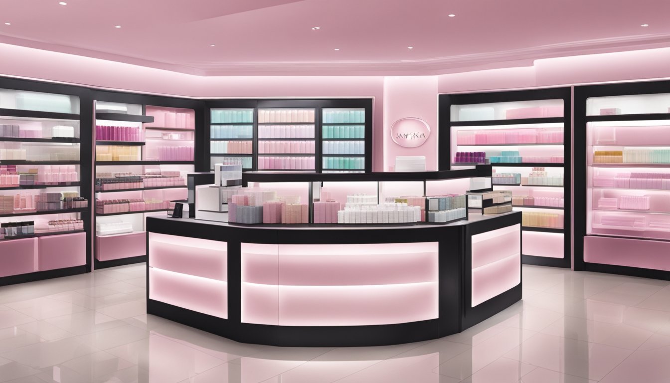 A brightly lit Mary Kay store in Singapore with shelves of products and a customer service desk