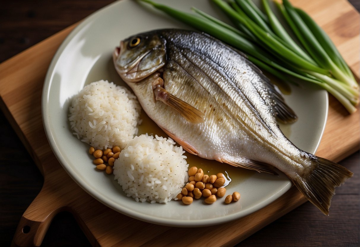 A whole sea bream, ginger, garlic, soy sauce, and green onions on a wooden cutting board, with a bowl of sesame oil and rice vinegar nearby