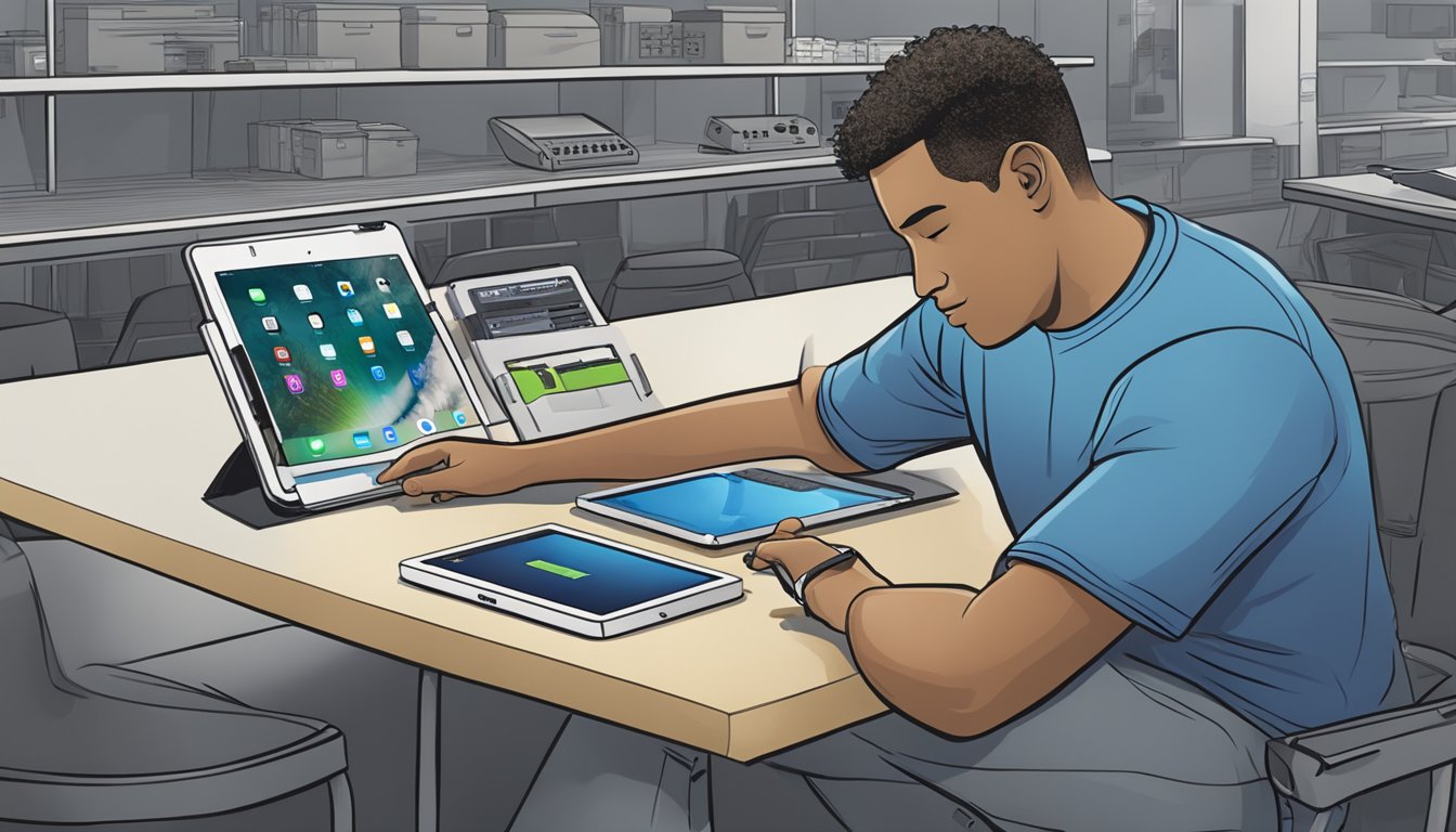 An iPad sits on a table with a new battery being replaced by a technician at Best Buy