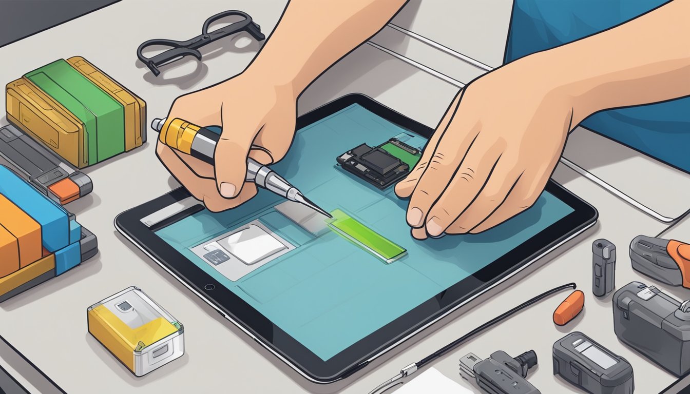 An iPad sits on a table with a technician's hand holding a replacement battery kit next to it, tools scattered around
