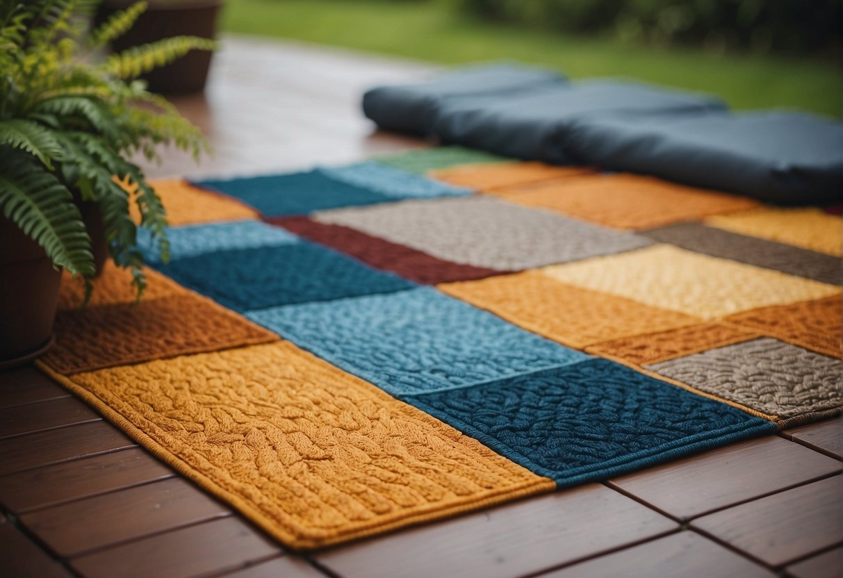 An outdoor rug made of durable, weather-resistant materials, such as polypropylene or synthetic fibers, lies flat on a patio, withstanding rain and sun