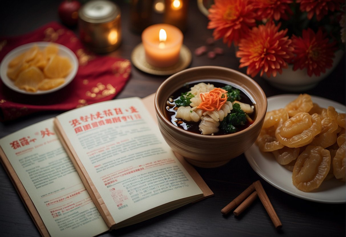 A table set with Chinese New Year decorations, a steaming bowl of sea cucumber recipe, and a stack of FAQ pamphlets