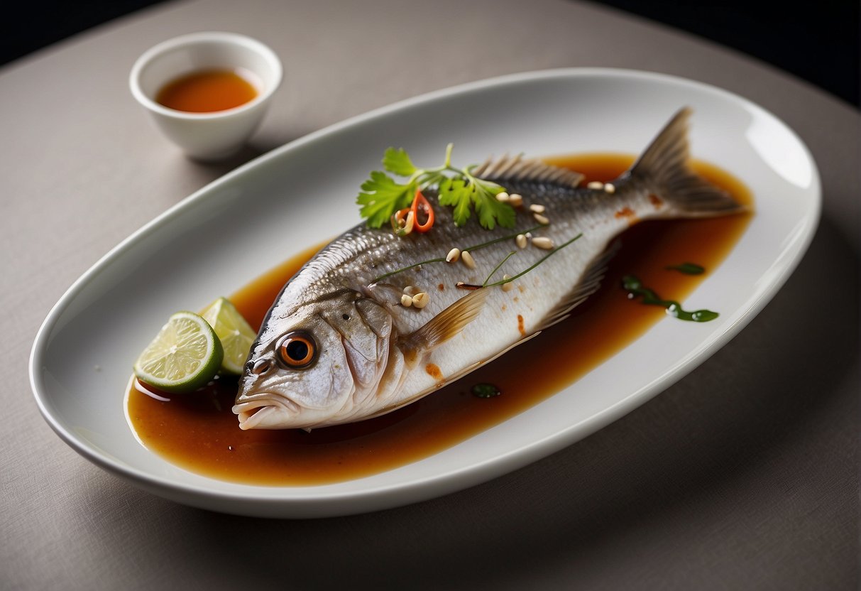 Sea bream dish on a round white plate with Chinese garnish, chopsticks on the side, and a drizzle of sauce