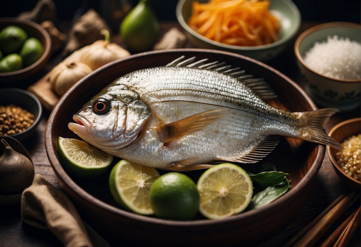 A whole sea bream surrounded by traditional Chinese cooking ingredients and utensils