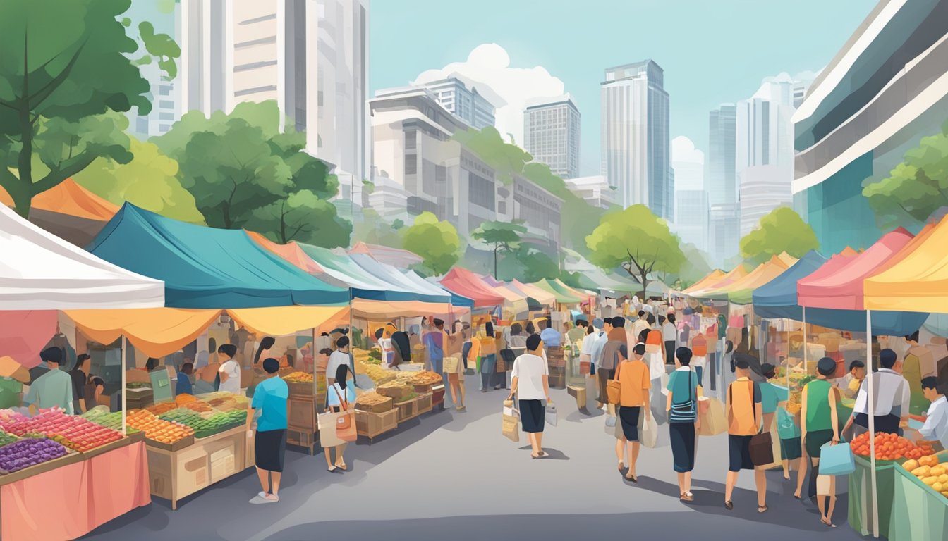 A bustling street market in Singapore, with colorful poster stalls and crowds of people browsing