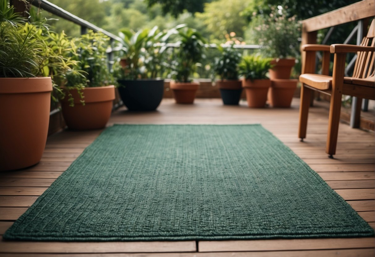 Vibrant outdoor rugs woven from durable synthetic fibers, displayed on a wooden deck surrounded by lush greenery and potted plants