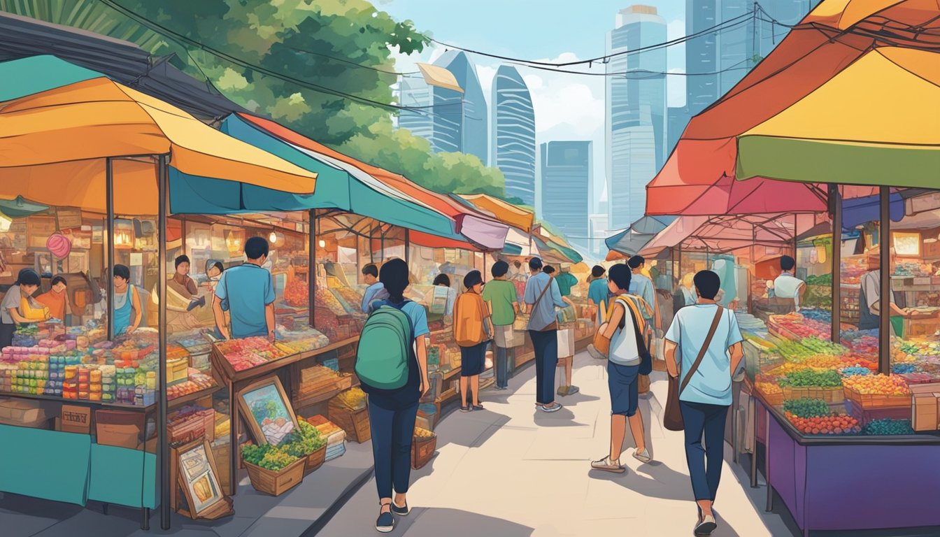 Vibrant posters line the bustling market in Singapore, showcasing colorful designs and captivating imagery. The atmosphere is alive with creativity and excitement as visitors browse the diverse selection of artwork