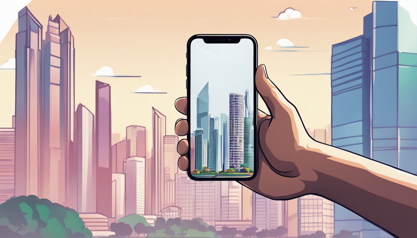 A hand holds an iPhone X in front of a Singapore skyline
