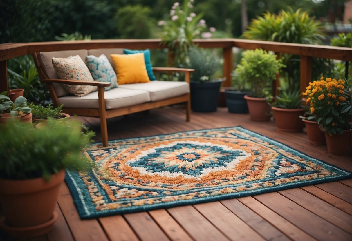 A colorful outdoor rug made of durable synthetic fibers lies on a wooden deck surrounded by potted plants and comfortable outdoor furniture