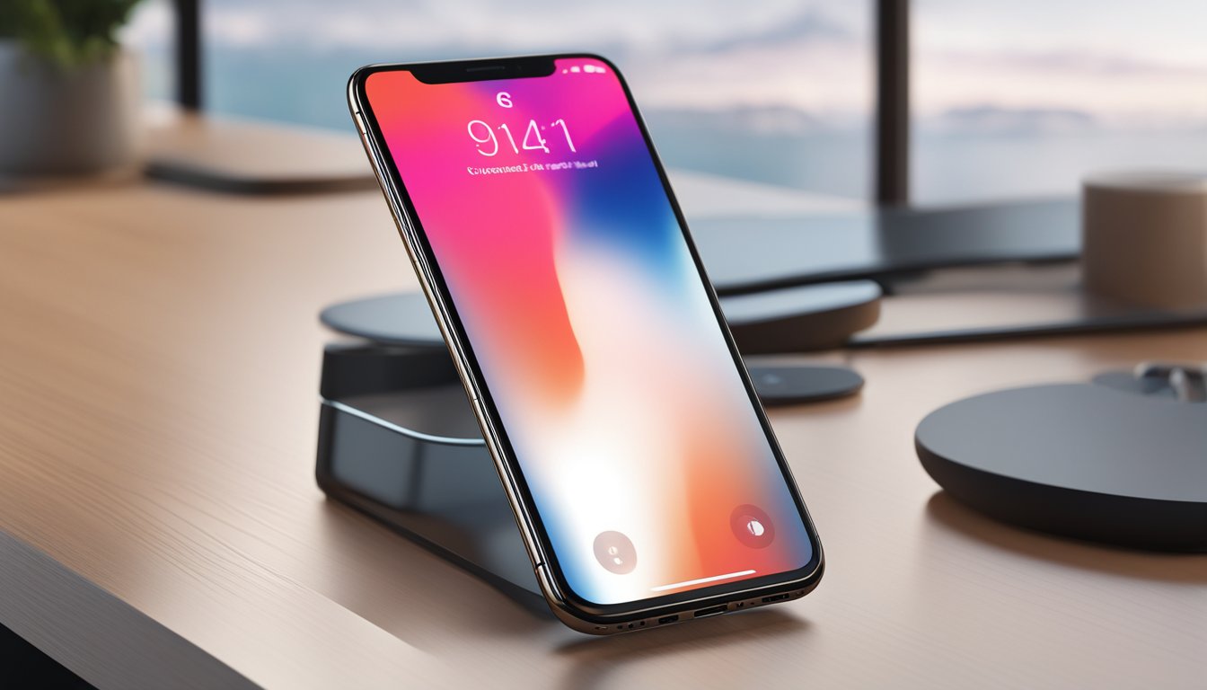 The iPhone X sits on a sleek, modern table, its edge-to-edge display glowing with vibrant colors. The camera and Face ID sensors are prominently displayed, showcasing the device's advanced technology