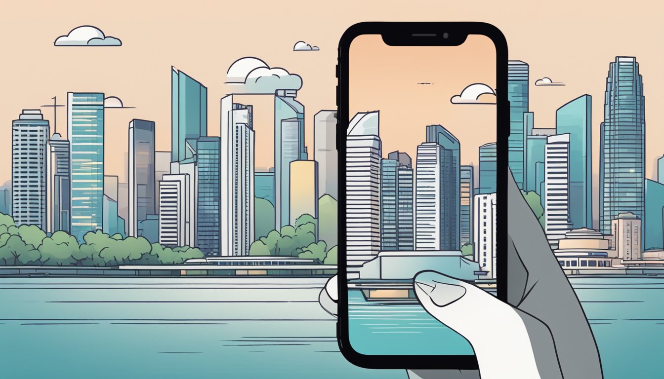 A hand holding an iPhone X with a Singapore city skyline in the background, a speech bubble with "Frequently Asked Questions" above the phone
