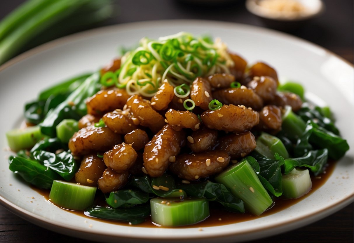 Sea cucumbers stir-fried with ginger, garlic, and green onions in a savory Chinese sauce. Served on a bed of steamed bok choy