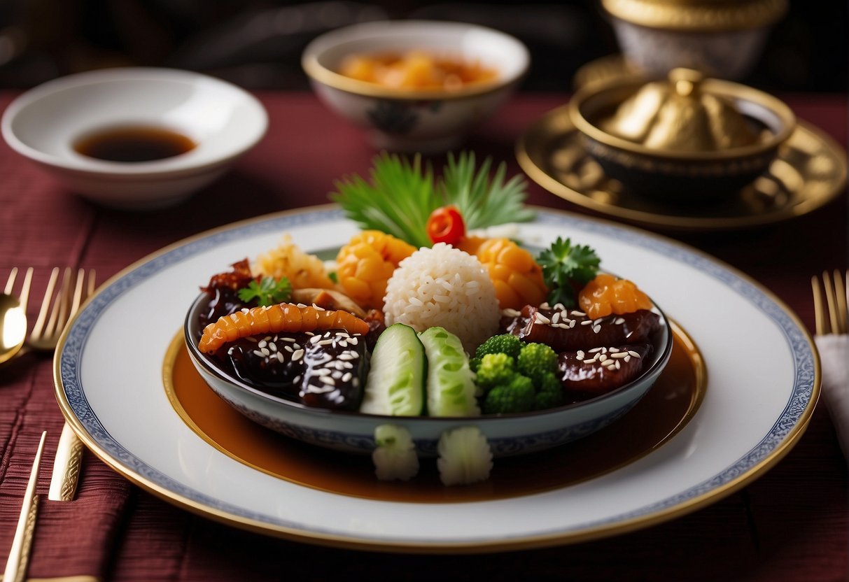 A table set with traditional Chinese dishes, featuring sea cucumber cooked in various styles, surrounded by ornate Chinese decor