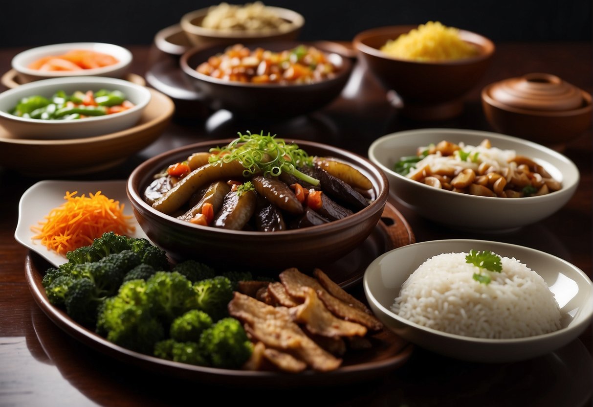 A table set with various Chinese-style sea cucumber dishes and side dishes, including stir-fried vegetables, steamed rice, and savory sauces