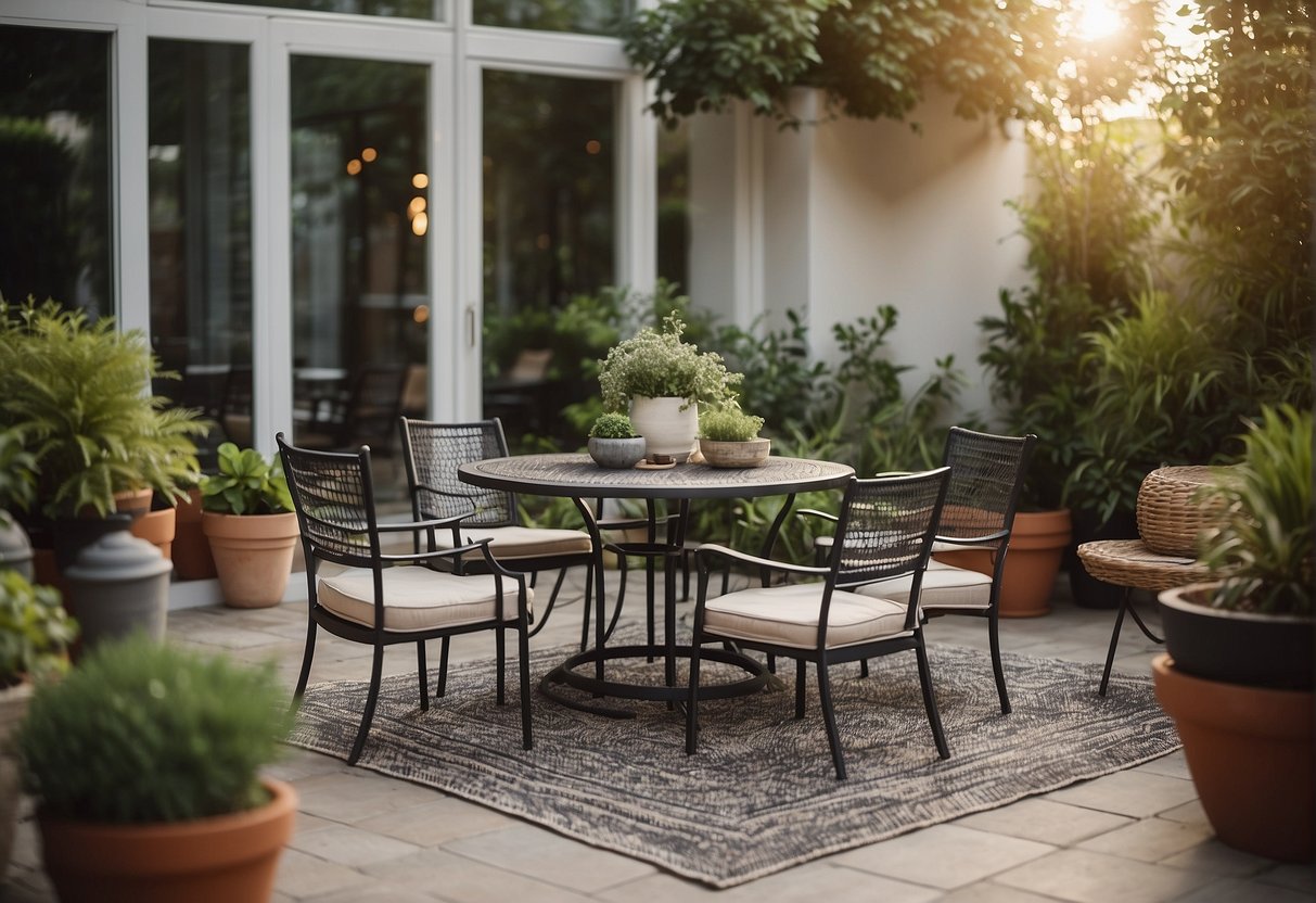 A patio with a table and chairs, surrounded by greenery and potted plants. The outdoor rug is large enough to cover the seating area