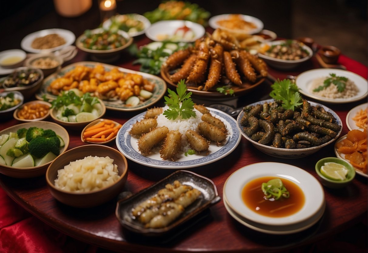 A Chinese banquet table showcases a variety of sea cucumber dishes, symbolizing cultural significance and nutritional benefits