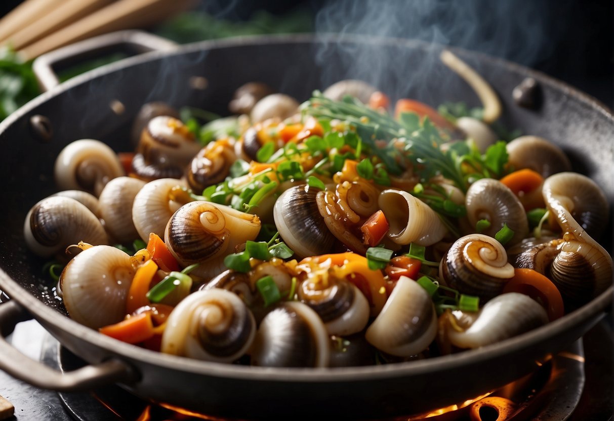 A chef stir-fries sea snails with ginger and garlic in a wok, adding soy sauce and green onions for a Chinese recipe