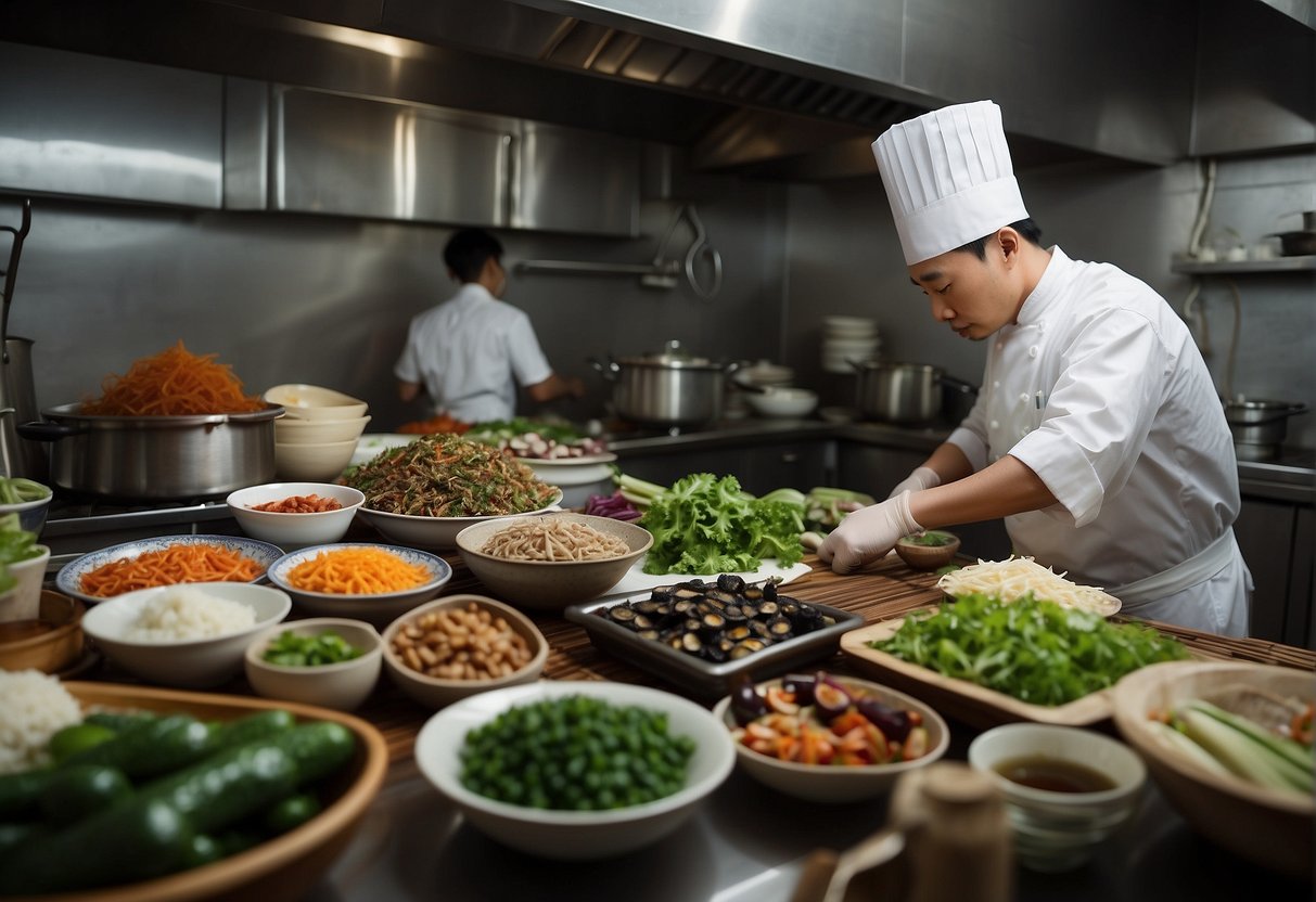 A table filled with various Chinese ingredients and sea cucumbers, with a chef preparing a traditional Chinese dish in a bustling kitchen