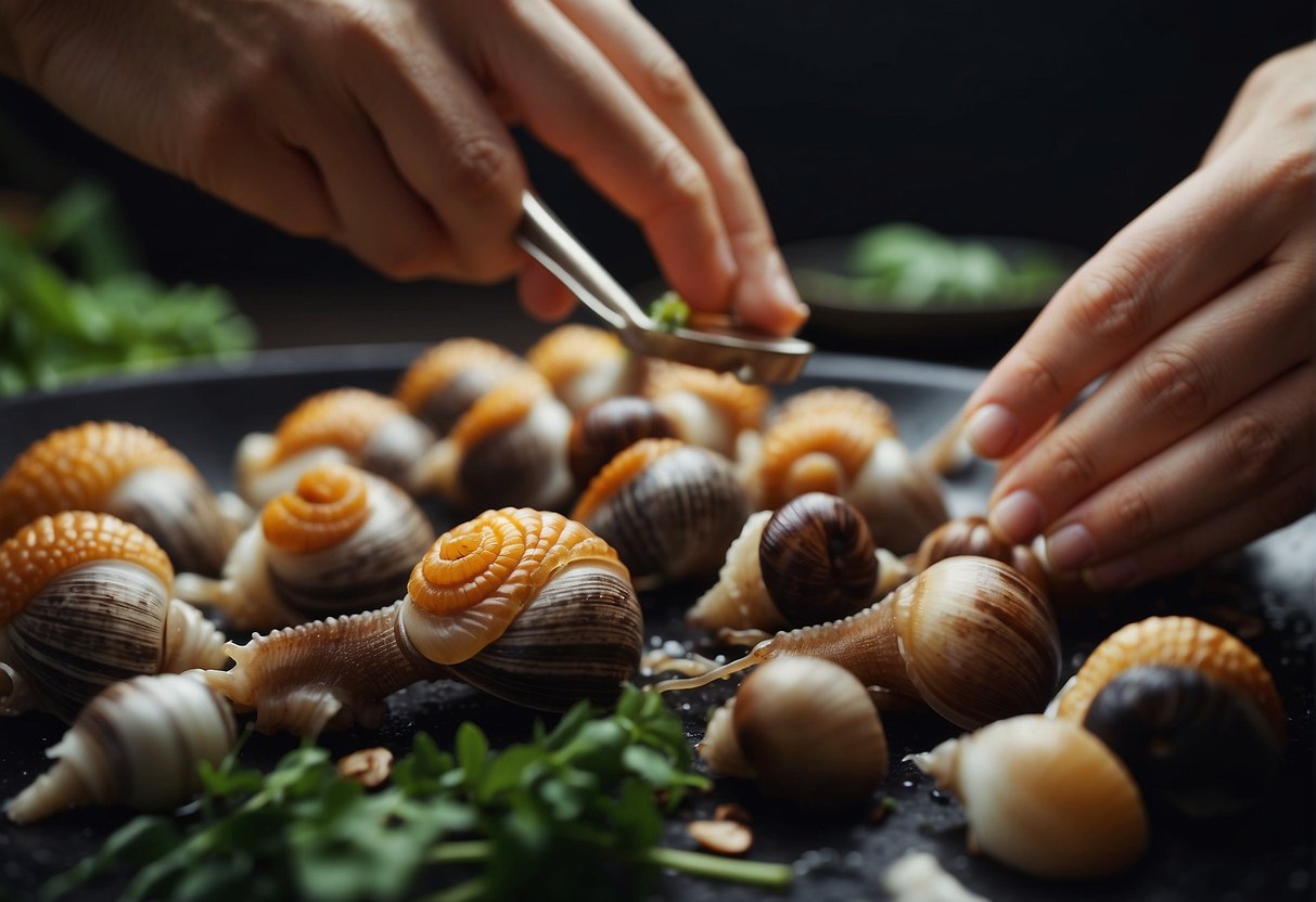 Sea snails are being prepared for a Chinese recipe. They are being cleaned and seasoned with herbs and spices before being cooked