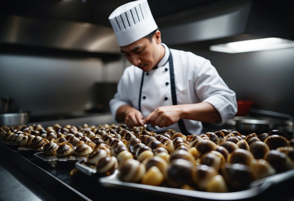 A chef carefully selects and cleans sea snails, then prepares them for a Chinese recipe