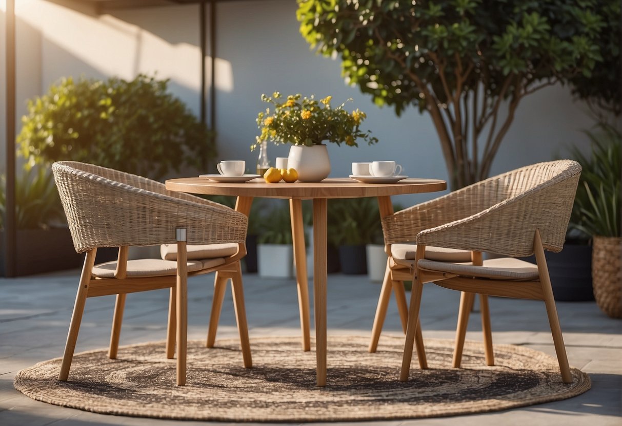 A dining table with chairs on a patio, with a rug underneath that comfortably accommodates the table and chairs without overlapping the edges