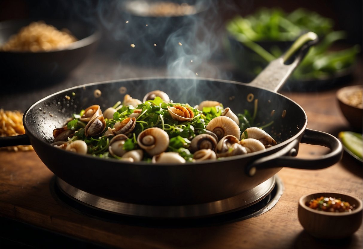 A wok sizzles as sea snails are stir-fried with ginger, garlic, and soy sauce. Green onions and cilantro garnish the dish