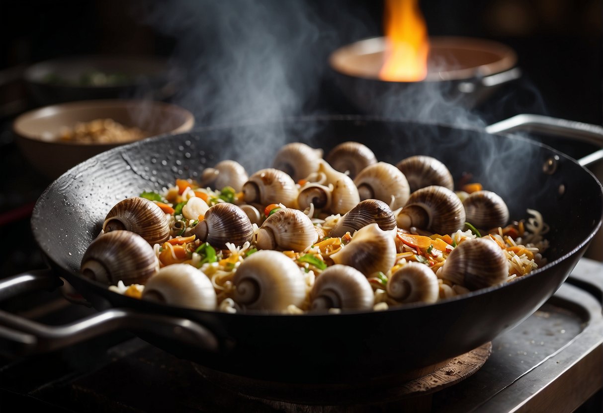 Sea snails sizzling in a wok with ginger, garlic, and chili. Aromatic steam rises as the chef adds soy sauce and rice wine