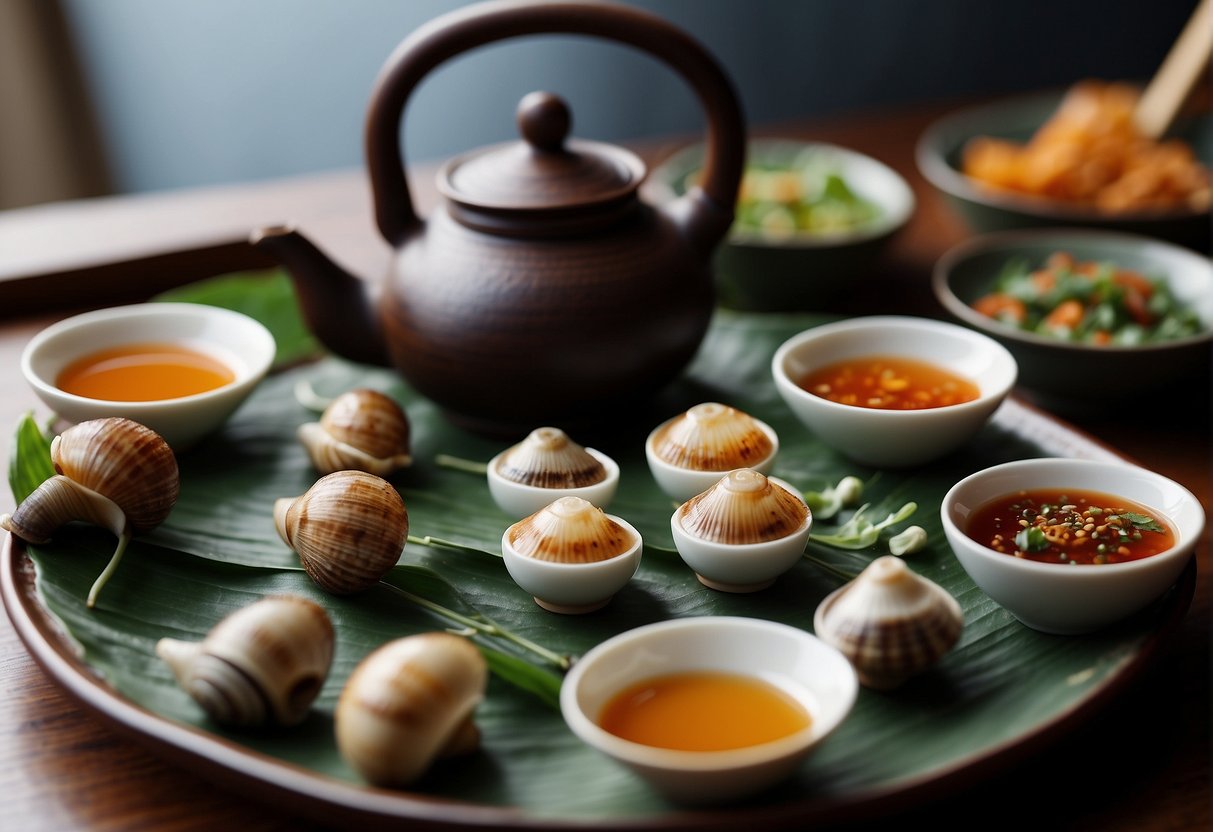 Sea snails being served on a decorative platter with chopsticks, alongside a bowl of spicy dipping sauce. A traditional Chinese teapot and cups are arranged nearby