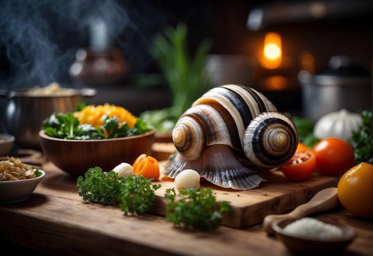 A sea snail being prepared in a Chinese kitchen, surrounded by various ingredients and cooking utensils