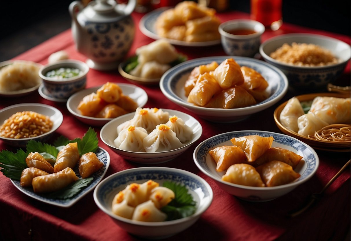 A table adorned with traditional Chinese New Year party food recipes, including dumplings, spring rolls, noodles, and various sweet treats