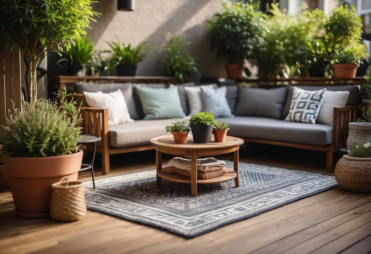 A small outdoor space with furniture and plants. A rug that fits the area without overpowering it