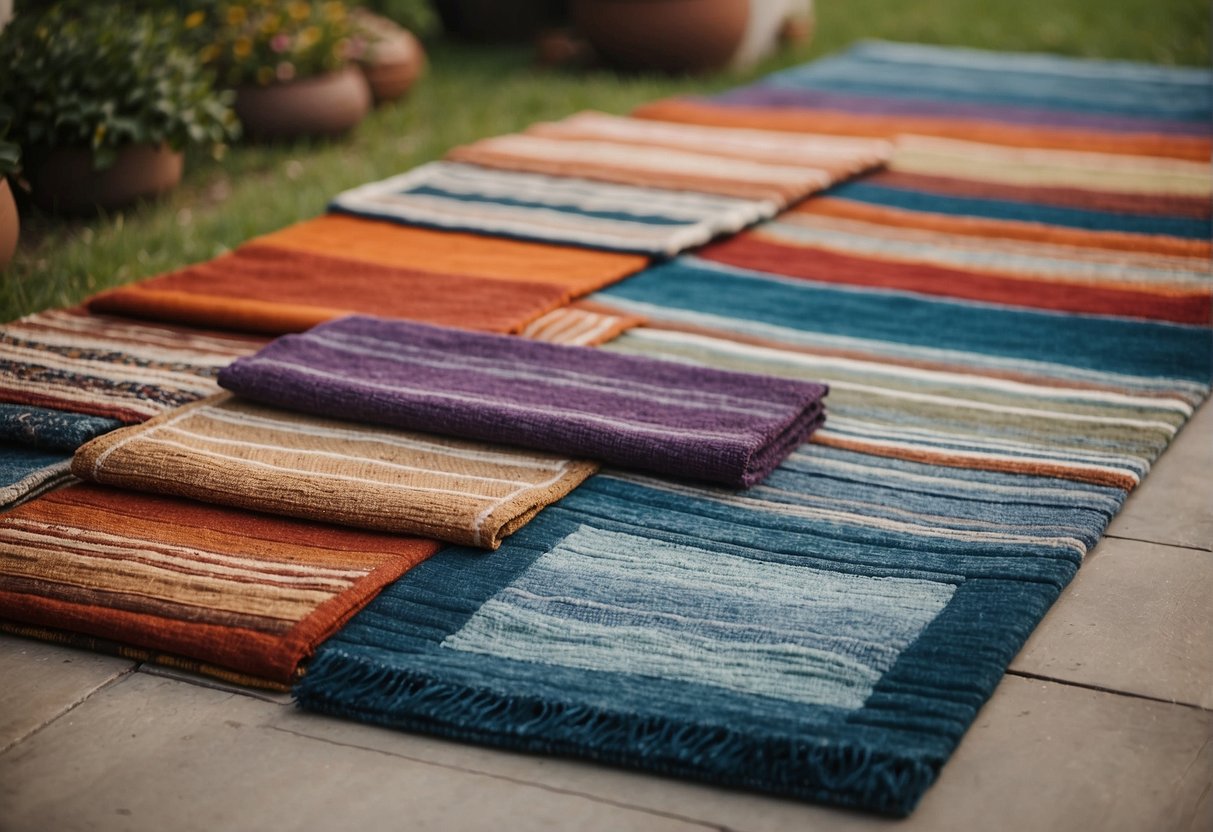 Multiple rugs arranged in a outdoor setting, varying in size and color. A larger rug anchors the space, while smaller rugs are layered for added texture and visual interest