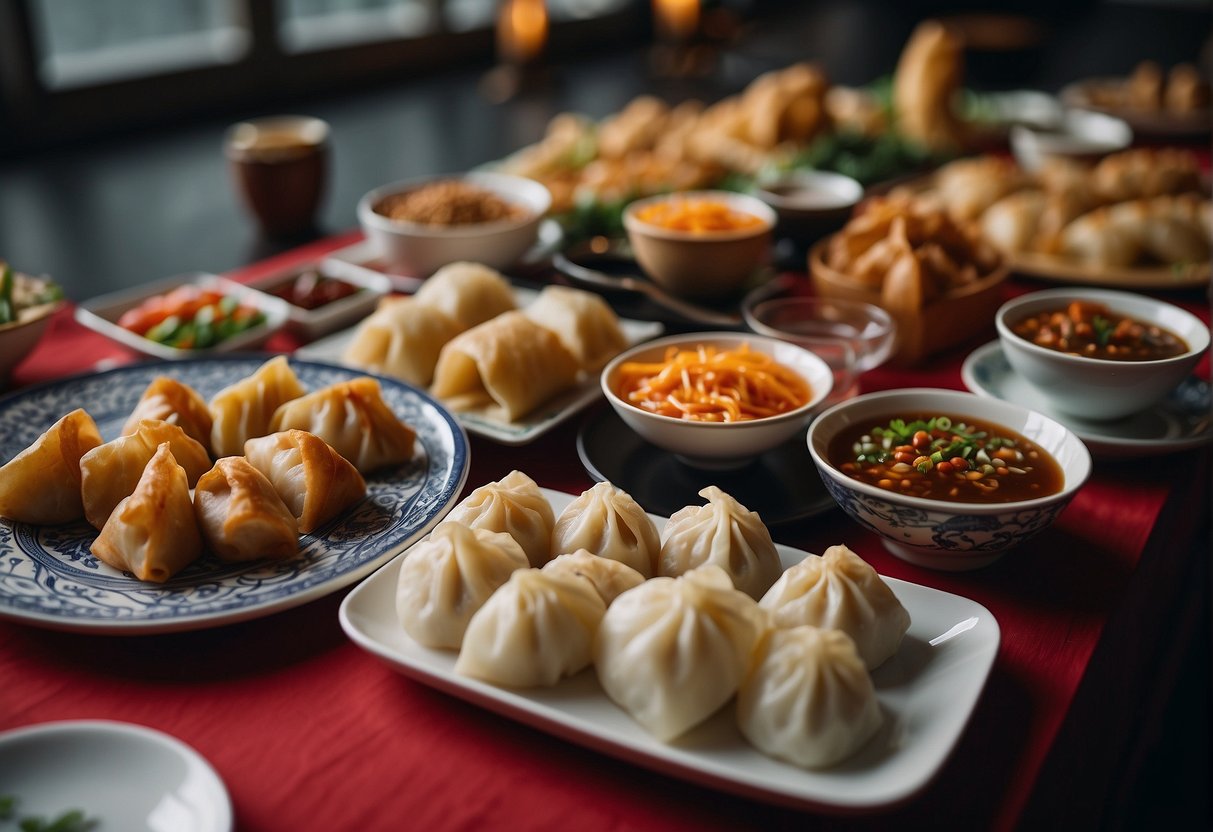 A table adorned with an array of colorful and mouth-watering appetizers and snacks, including dumplings, spring rolls, and various traditional Chinese New Year party foods