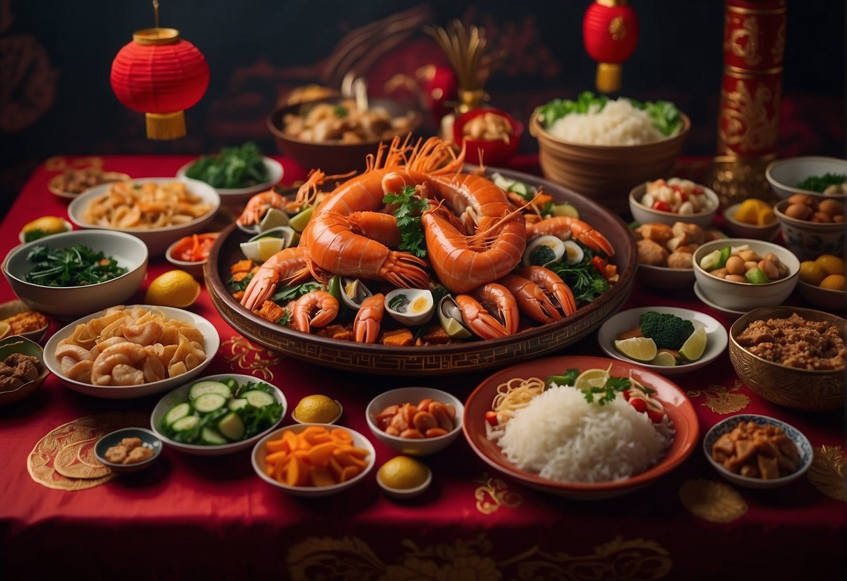 A table adorned with symbolic meat and seafood selections for a Chinese New Year party, featuring traditional recipes