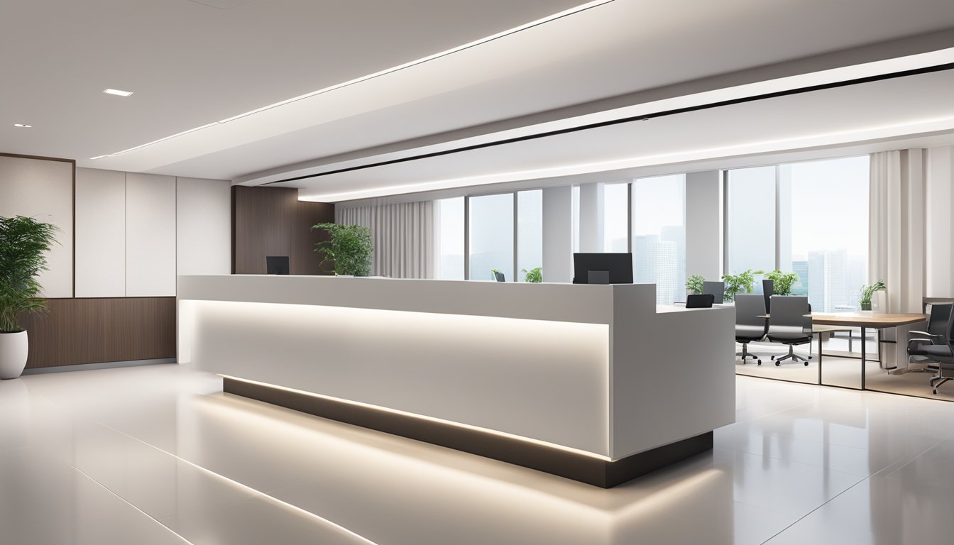 A sleek modern reception desk in a bright, spacious office setting in Singapore. Clean lines, minimalist design, and professional ambiance