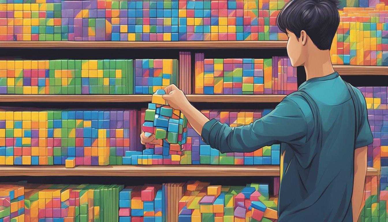 A hand reaches for a Rubik's Cube in a Singaporean toy store
