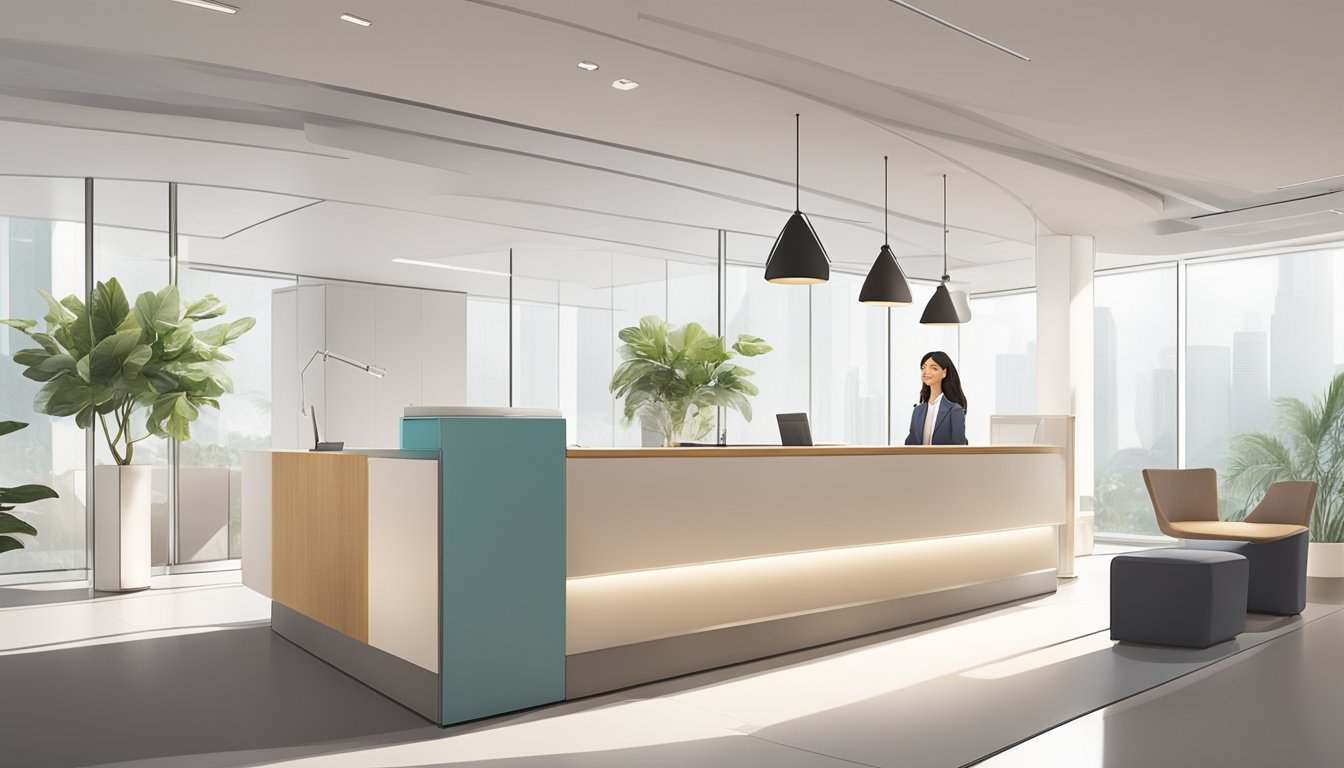 A sleek, modern reception desk sits in a bright, airy office space. A receptionist stands behind it, greeting visitors with a warm smile. The desk is adorned with minimalist decor, reflecting the professional and welcoming atmosphere of the Singapore office