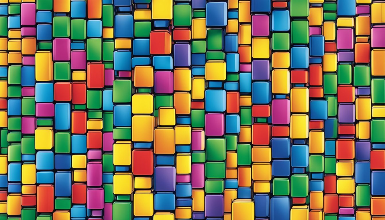 A colorful display of Rubik's Cubes in a well-lit store in Singapore, with shelves neatly organized and various sizes and designs available for purchase