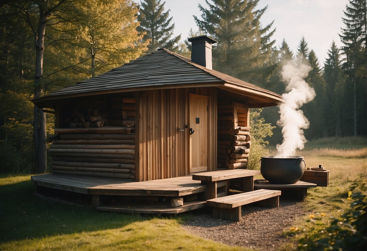 An outdoor sauna surrounded by trees and a clear sky, with a wooden structure and a chimney emitting steam