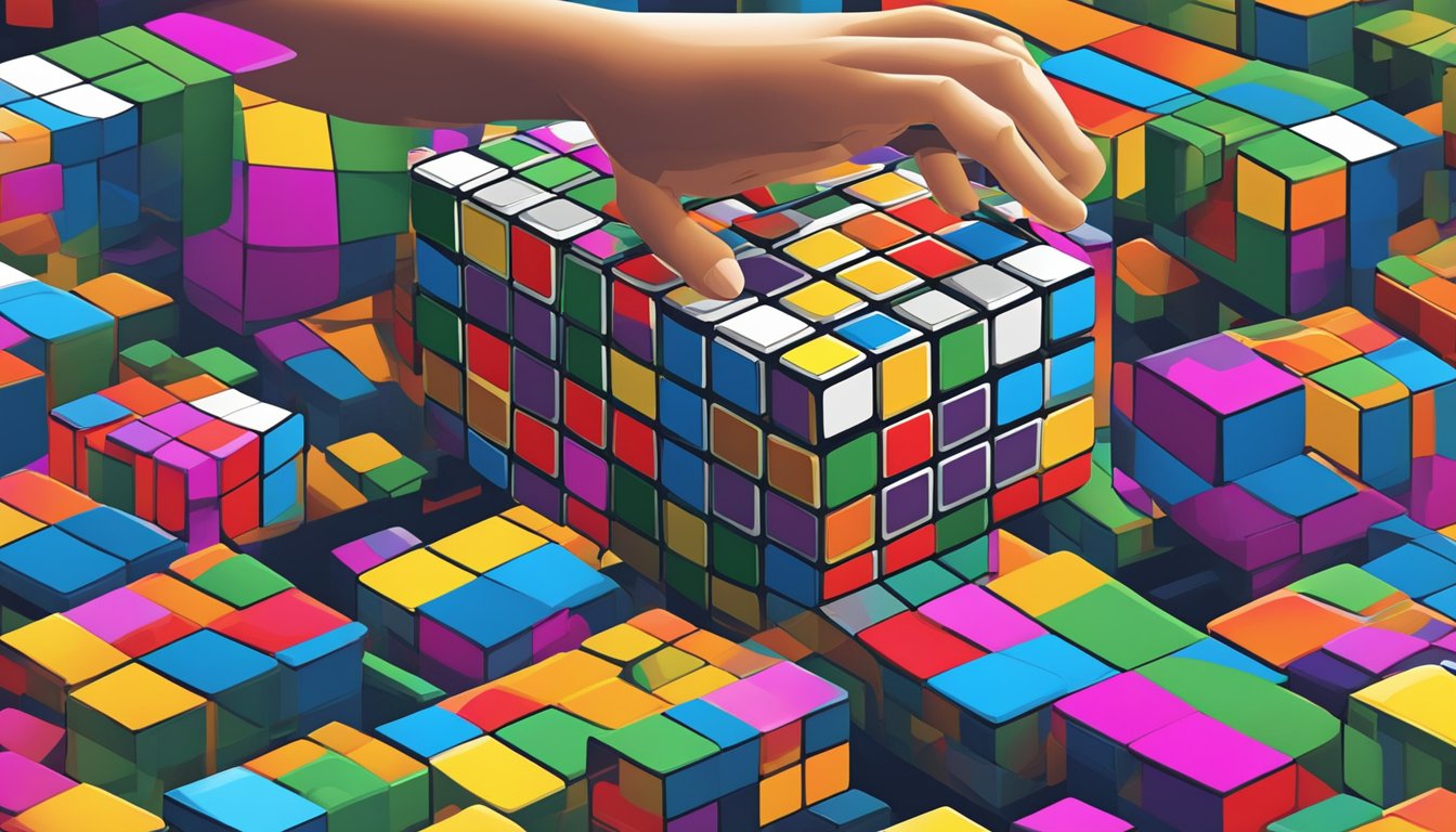 A Rubik's Cube sits on a table, its colorful squares twisted in various patterns. A hand reaches out to solve it, but the puzzle remains unsolved